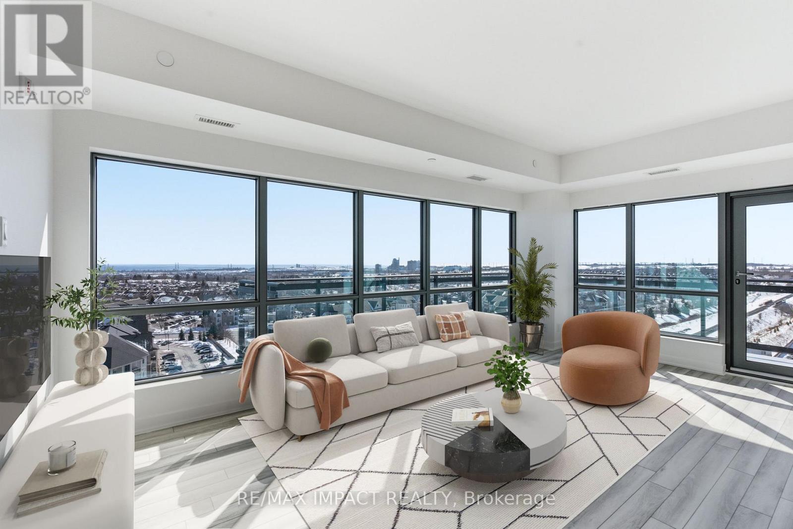 A modern living room with a view of the city.