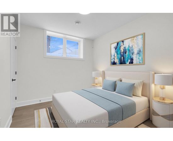 A bedroom with a bed, nightstands, and a painting on the wall.