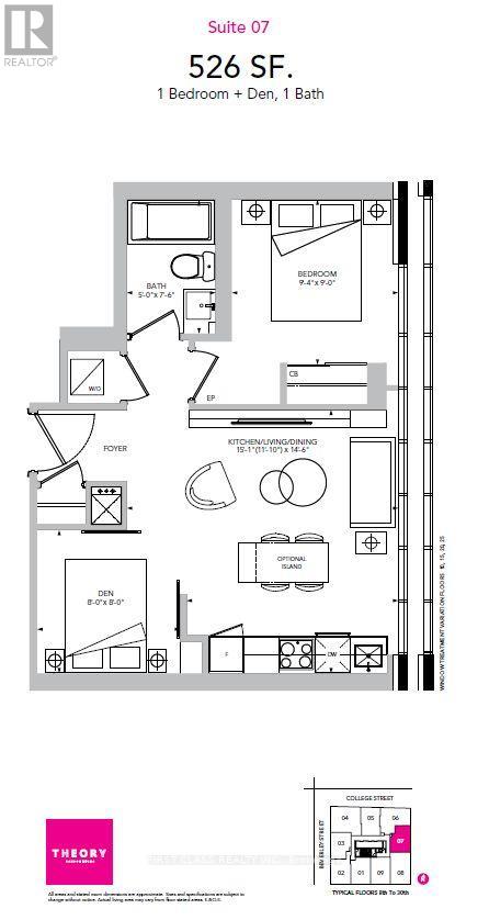 A floor plan for Suite 07 at 526 SF, a 1 Bedroom + Den, with 1 Bath.