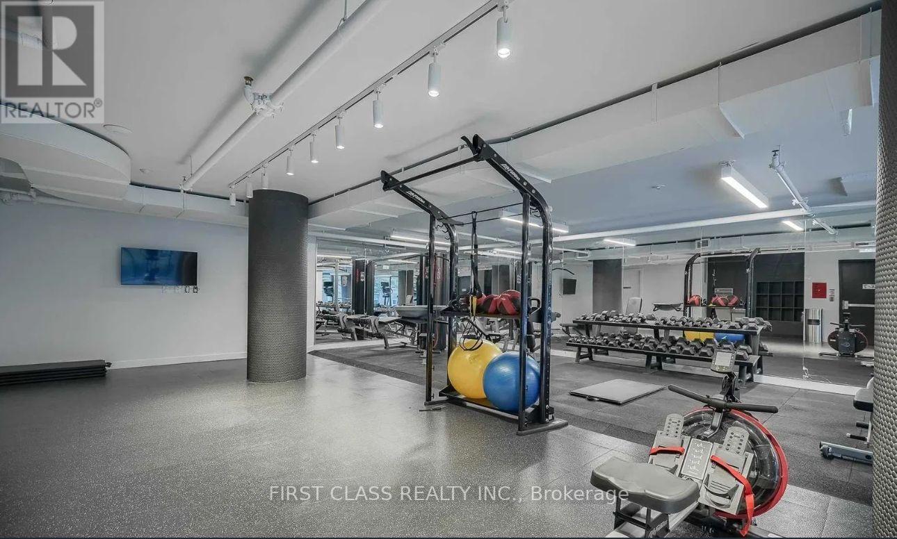 A gym with a variety of equipment including a rowing machine, a bench press, and a squat rack.