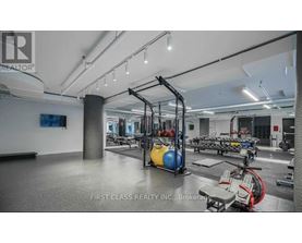 A gym with a variety of equipment including a rowing machine, a bench press, and a squat rack.