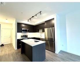 A modern kitchen with a large island in the middle.