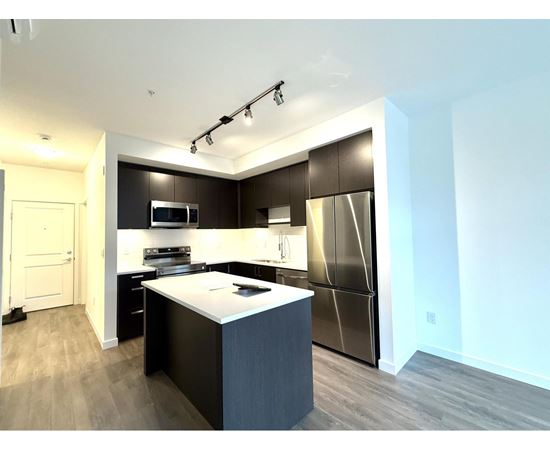 A modern kitchen with a large island in the middle.