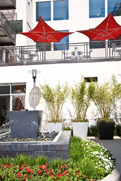 a courtyard with a fountain and umbrellas in front of a building