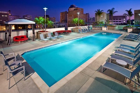 Rooftop Pool and Lounge at 210 Third Lofts in Downtown Long Beach at Night