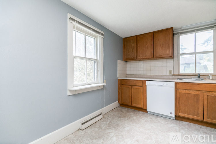 A kitchen with a white dishwasher and wooden cabinets.