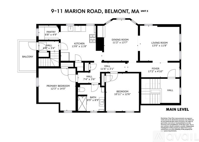 A floor plan of a three-bedroom apartment at 9-11 Marion Road, Belmont, MA.