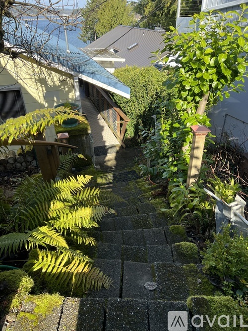 A stone pathway leads up a garden.