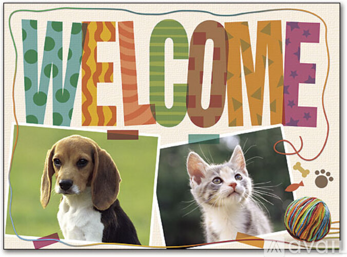 A colorful image with a dog and a cat and the word "welcome" written on it.