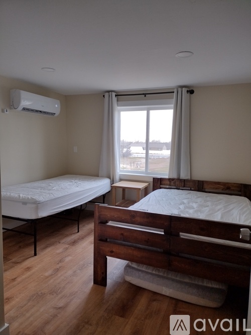 A bedroom with two beds and a window.