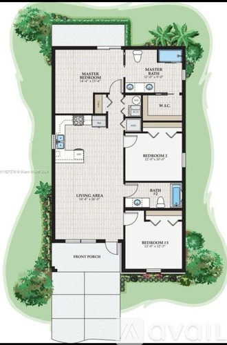A floor plan of a house with a living area, two bedrooms, a master bath, and a front porch.