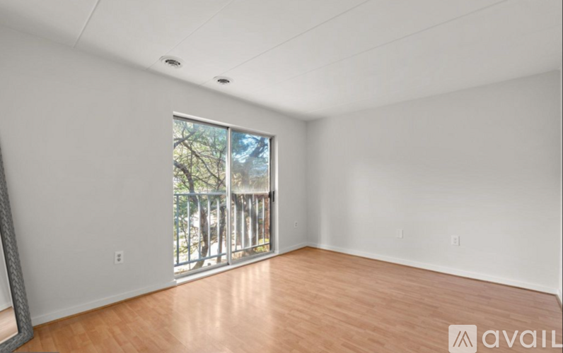 A room with wooden flooring and a large window overlooking a tree.