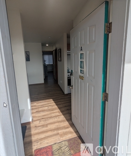 A hallway with a white door and a red rug on the floor.