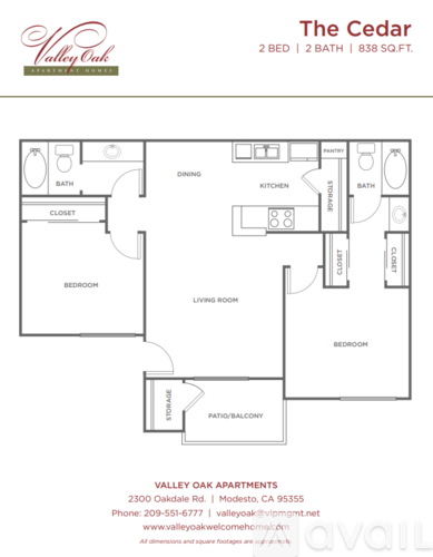 A floor plan for a 2 bedroom, 2 bath apartment at Valley Oak Apartments.