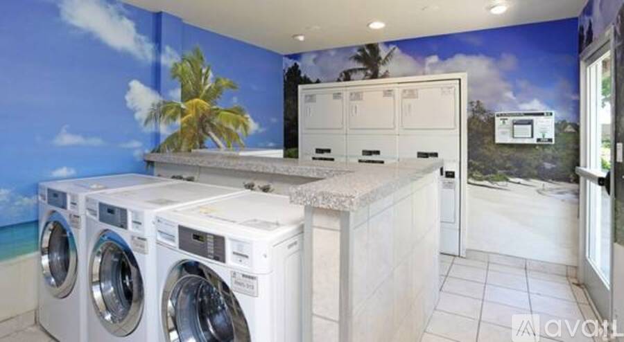 Two front load washing machines in a laundry room with a tropical wall mural.