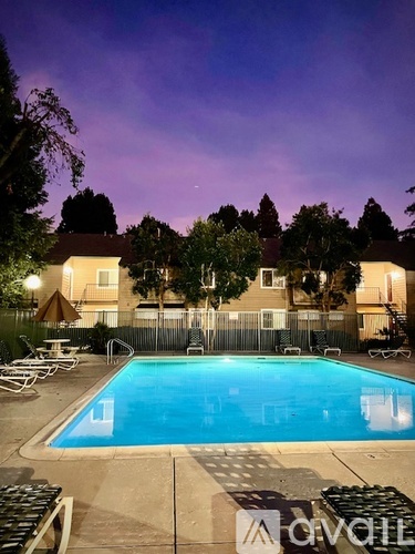 A pool surrounded by chairs and trees at dusk.