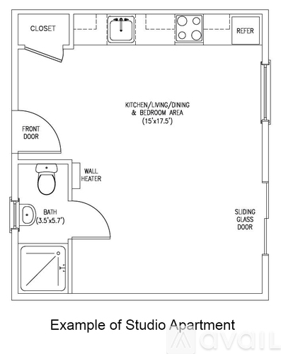 A floor plan of a studio apartment with a kitchen, bath, and living area.
