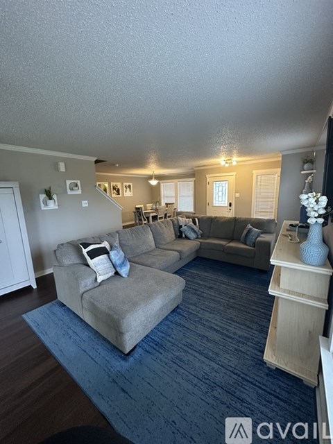 A living room with a grey couch and a blue rug.