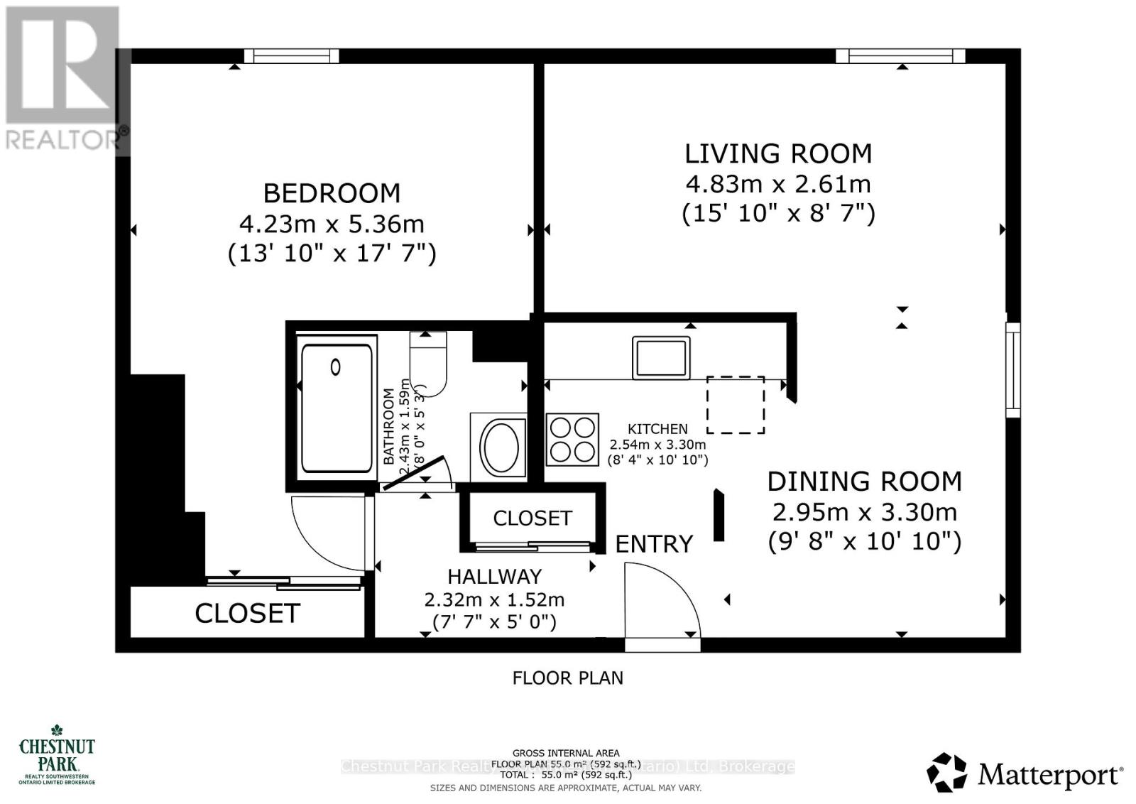 A floor plan for a home with a living room, bedroom, dining room, and closet.