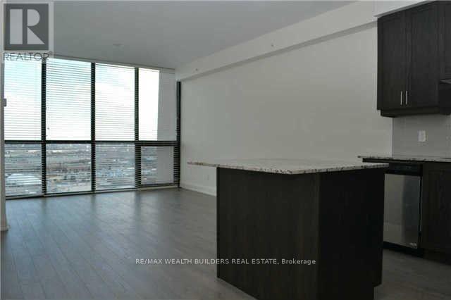 A black and white kitchen with a view of the city.