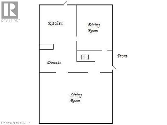 A floor plan of a house with a kitchen, dining room, living room, and two bathrooms.