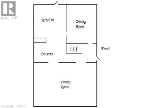 A floor plan of a house with a kitchen, dining room, living room, and two bathrooms.