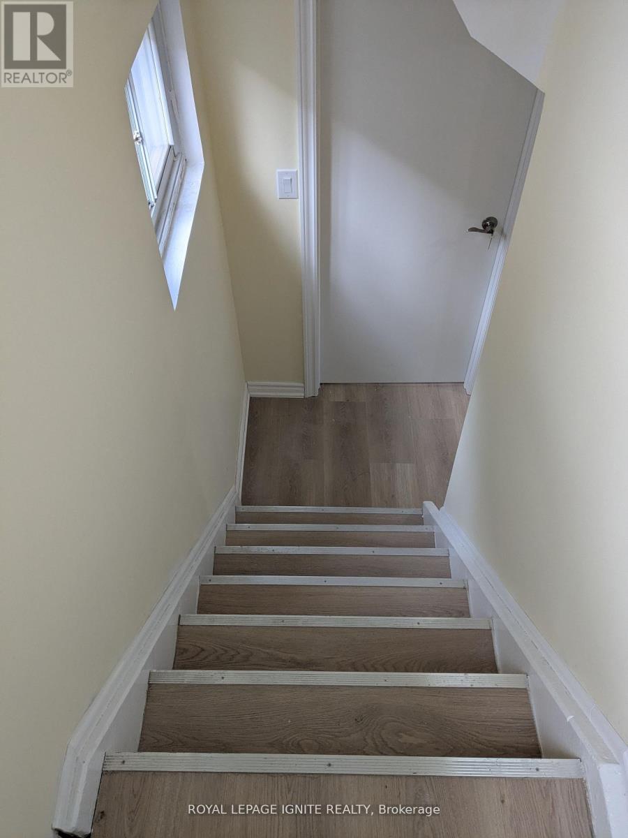 A staircase with wooden steps and white walls.
