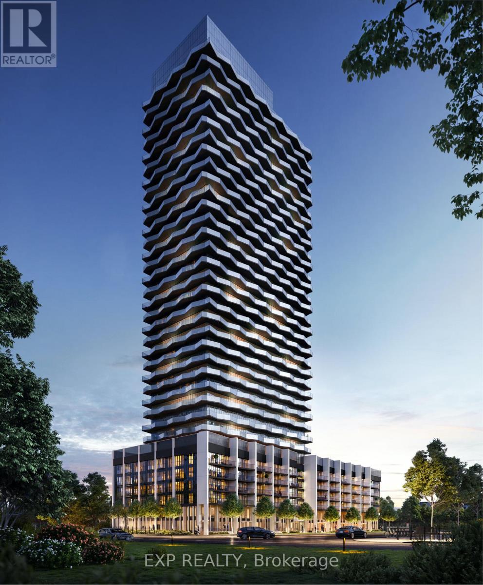 A tall building with a unique design is being advertised by EXP REALTY, Brokerage.