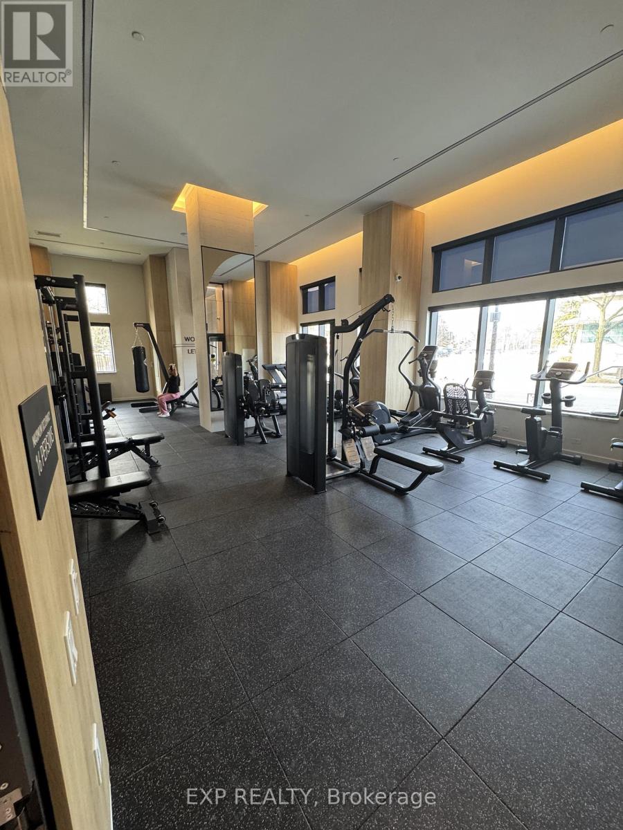 A gym with a variety of equipment including treadmills, weights, and exercise machines.