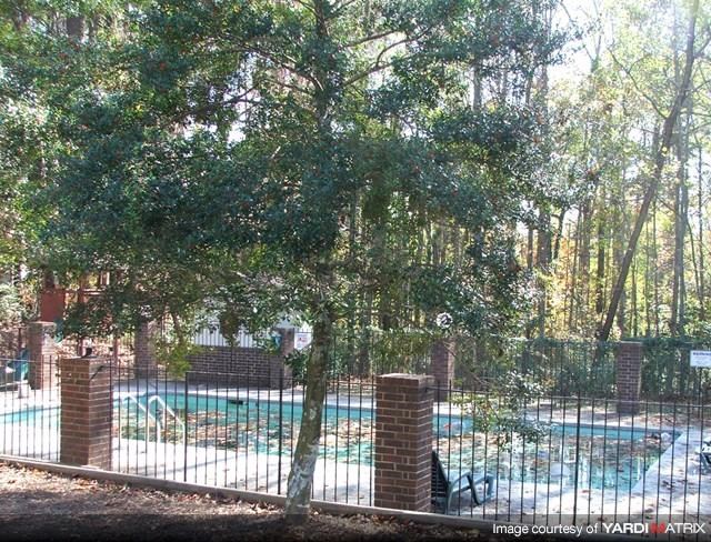 a swimming pool behind a fence and a tree