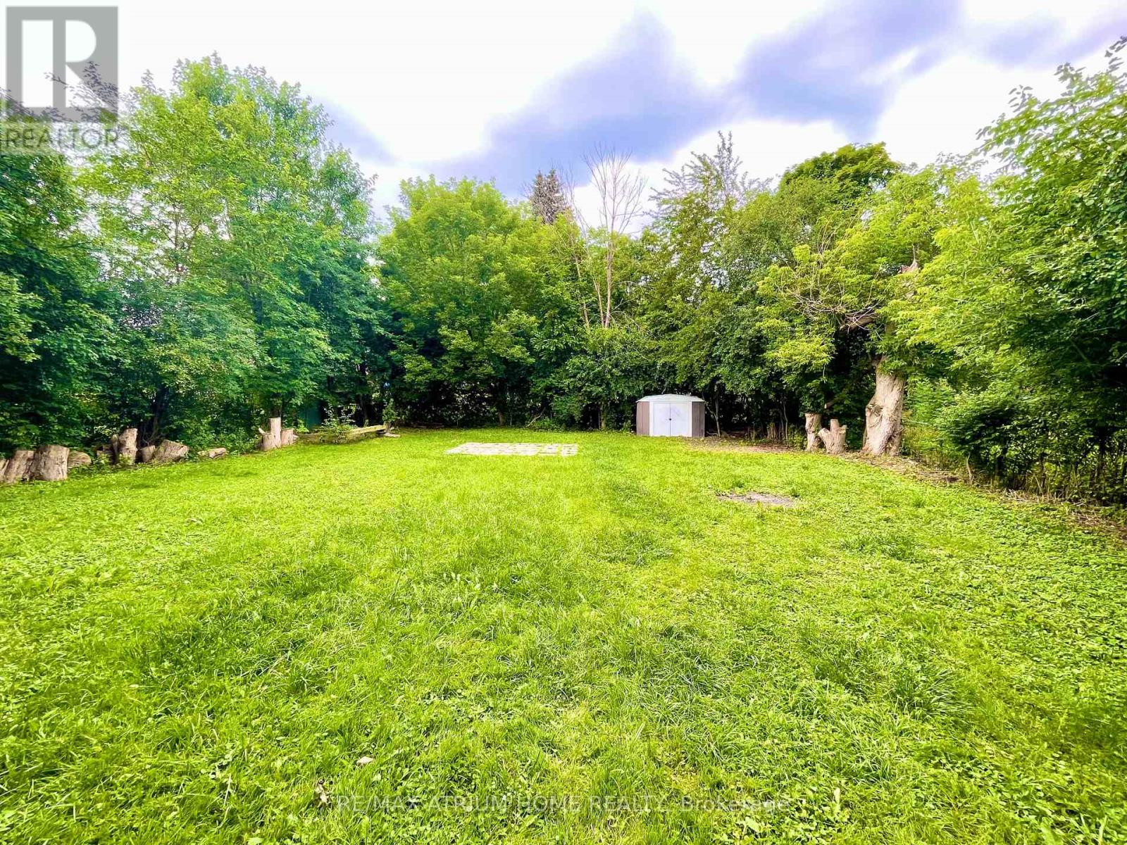 A lush green field with trees and a white box in the middle.
