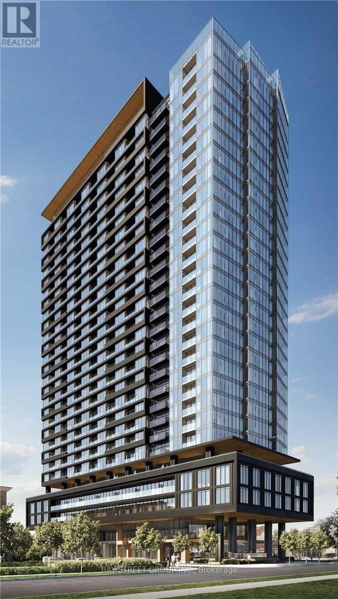 A modern high-rise building with a glass facade and a wooden base.
