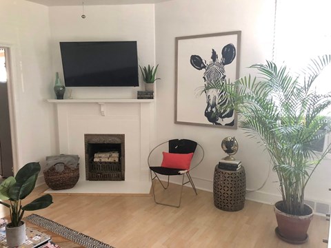 A living room with a fireplace, a chair, a plant, and a painting of a zebra.
