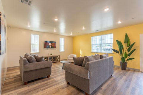 A living room with two grey couches and a coffee table.
