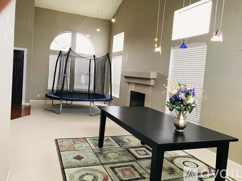 A living room with a black table and a rug with a vase of flowers on it.