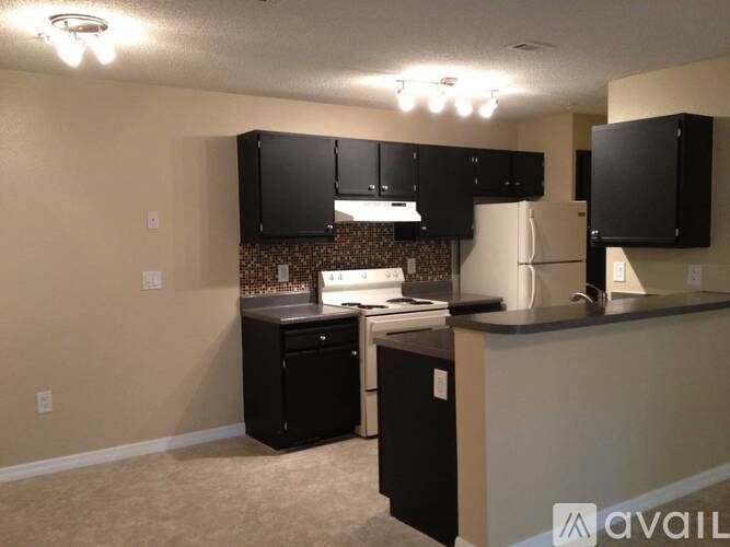 A kitchen with black cabinets and a countertop.