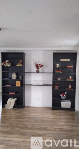 A room with a black bookshelf and a white wall.