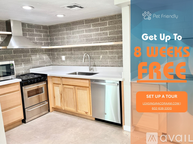 A kitchen with a promotion for a free 8 week lease.