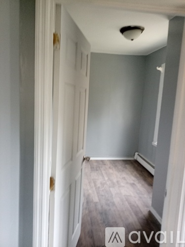 A hallway with a door on the left and a wall on the right.