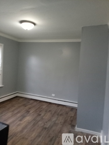 A room with wooden flooring and a white ceiling light.