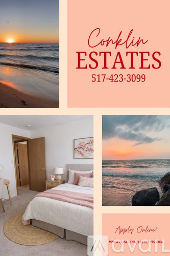 A real estate advertisement for Conklin Estates featuring a beach scene, a bedroom, and a bed with a view of the ocean.