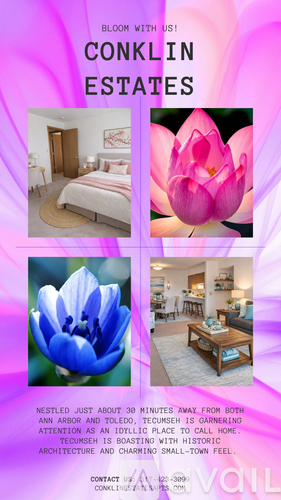 A pink and purple advertisement for Conklin Estates showcasing a bedroom and a living room.