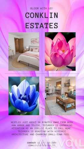 A pink and purple advertisement for Conklin Estates showcasing a bedroom and a living room.