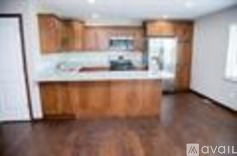 A kitchen with wooden cabinets and a countertop.