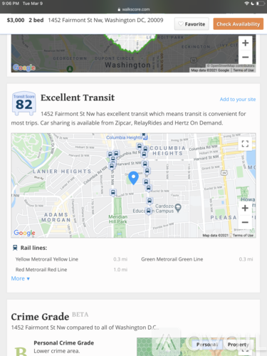 A map showing a location in Washington D.C. with a crime grade section below it.