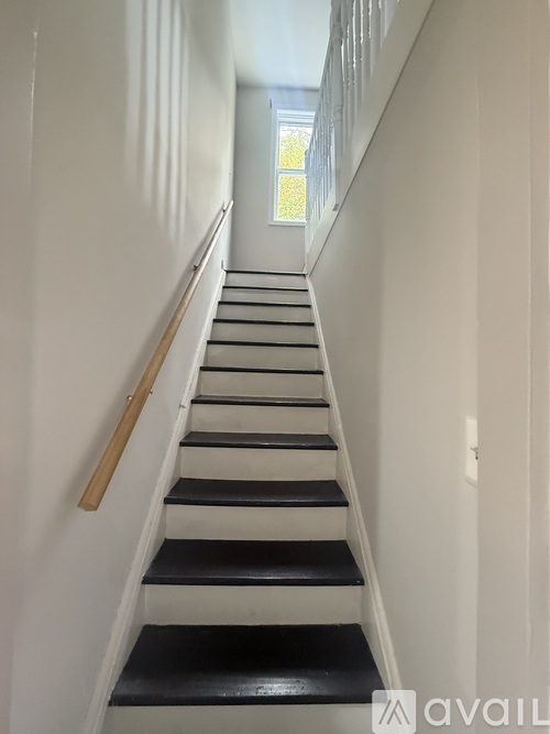 A staircase with black and white steps and a wooden handrail.