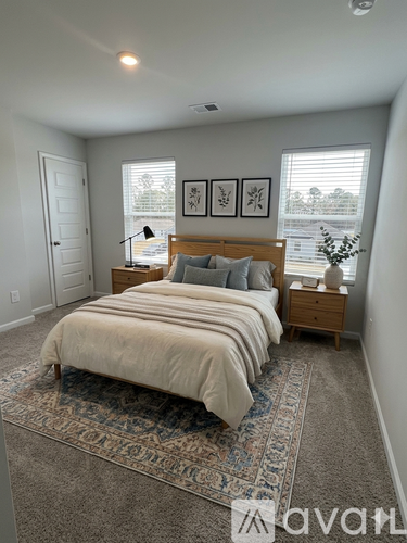 A bedroom with a large bed and a rug on the floor.
