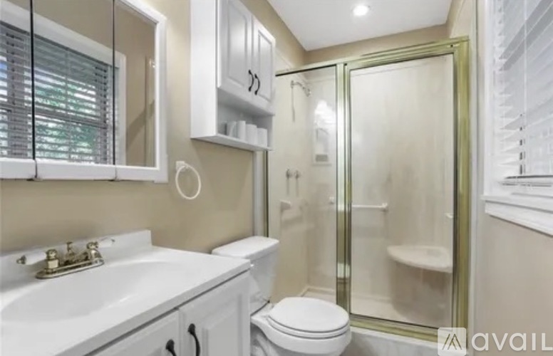 A bathroom with a white sink, toilet, and a glass shower stall.