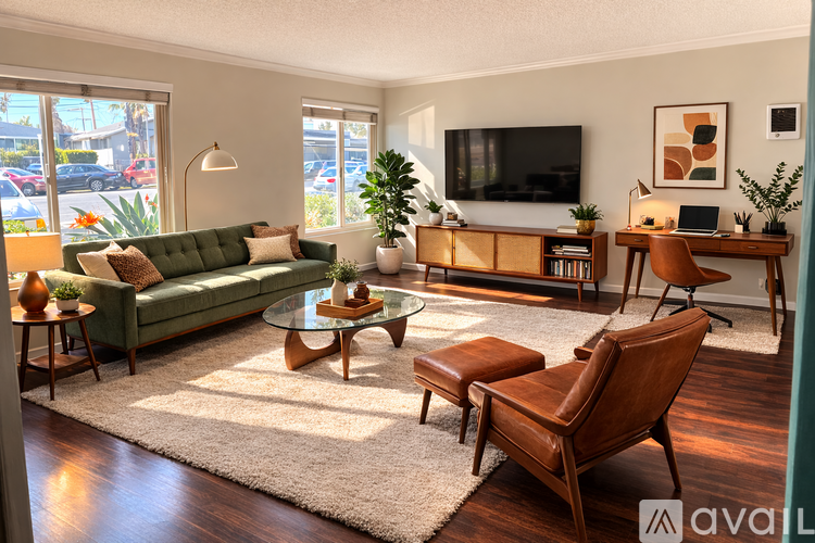 A living room with a green couch, a glass coffee table, and a wooden chair.