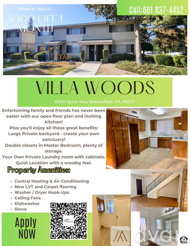 A real estate advertisement for Villa Woods, offering $300 off the first month.